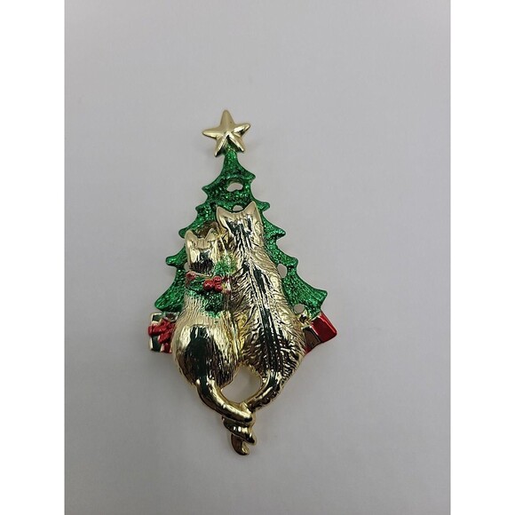 Jewelry - Vintage‎ AJC Christmas Cats Brooch: Gold Tone Glitter Enamel Tree Pin